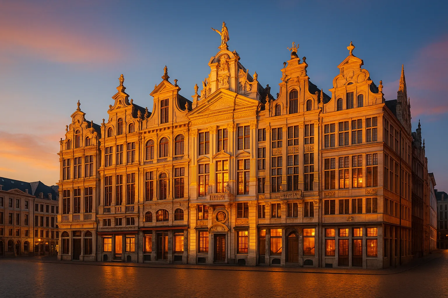 Brussels Grand Place historic guildhalls at golden hour HubTransfers private airport transfer