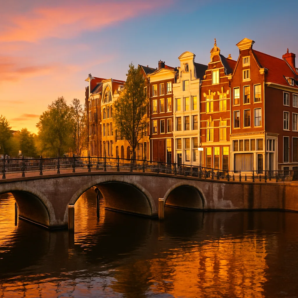 Private transfer from Brussels to Amsterdam Netherlands canal bridge at sunset HubTransfers