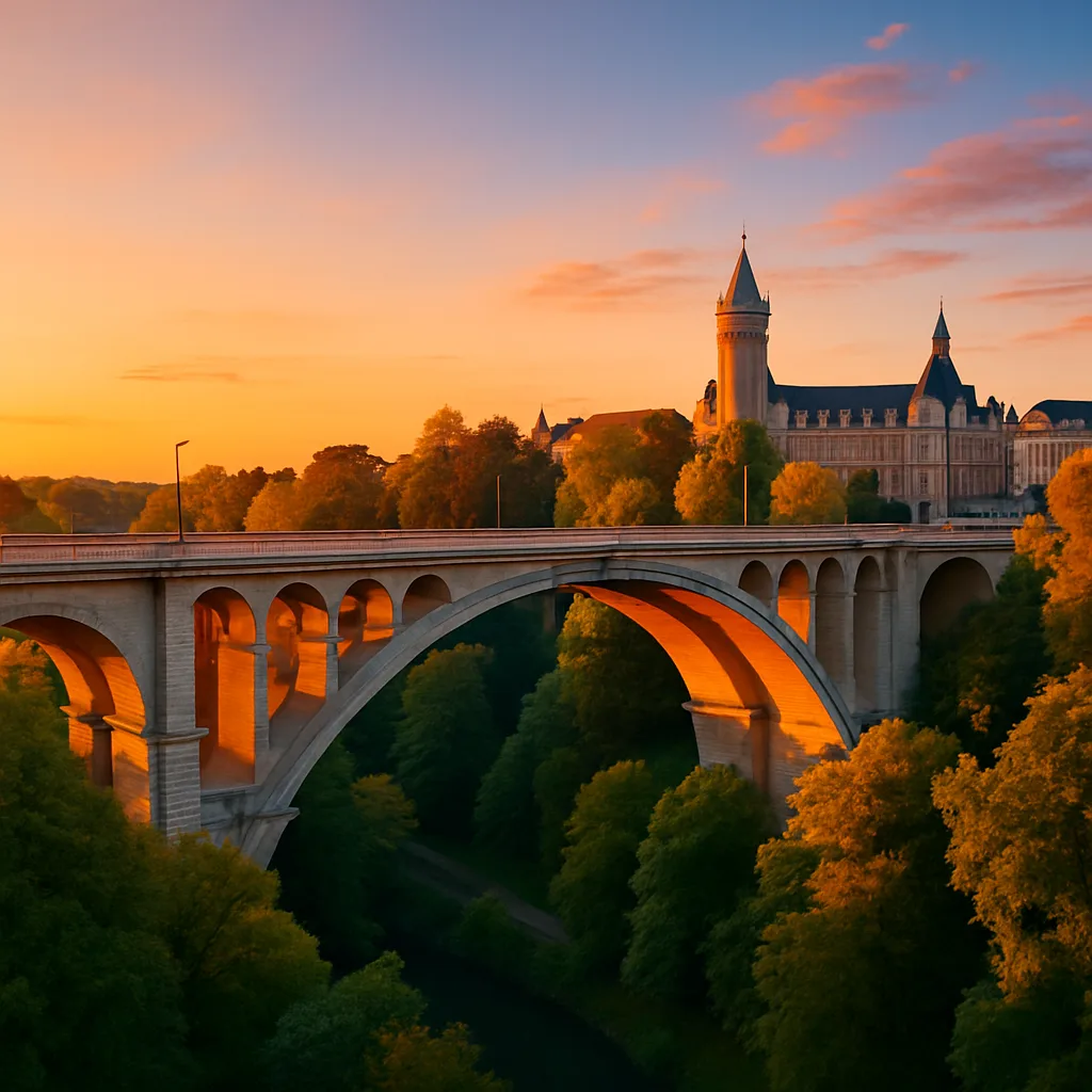 Private transfer from Brussels to Luxembourg City - Adolphe Bridge at sunset - HubTransfers