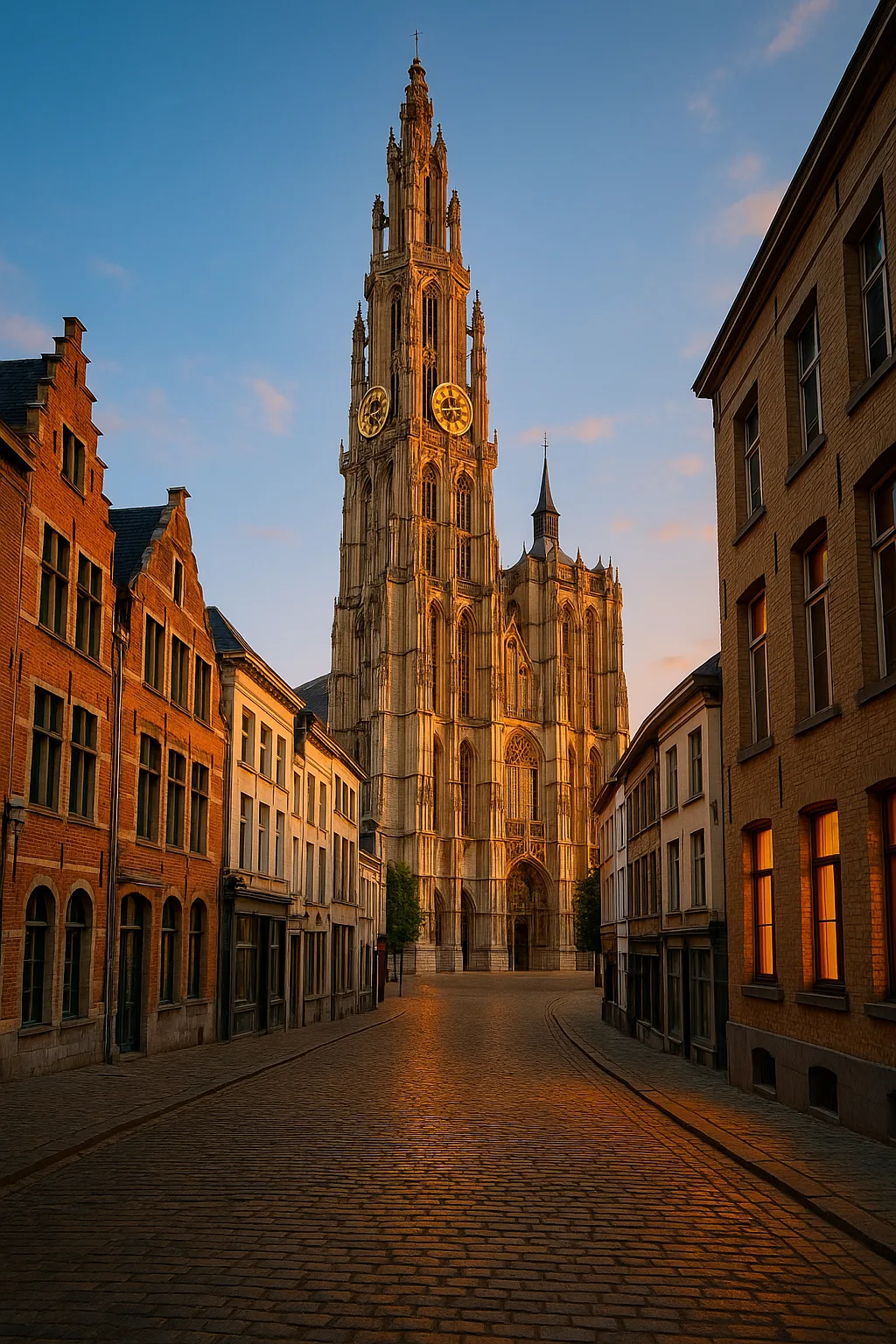 Brussels Airport (BRU) to Antwerp – Private Transfer 1 Private transfer to Antwerp Belgium - Cathedral of Our Lady cobblestone street at sunset - HubTransfers
