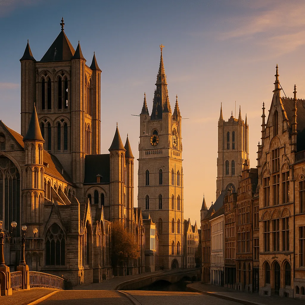 Private transfer to Ghent Belgium historic towers and medieval architecture at golden hour HubTransfers