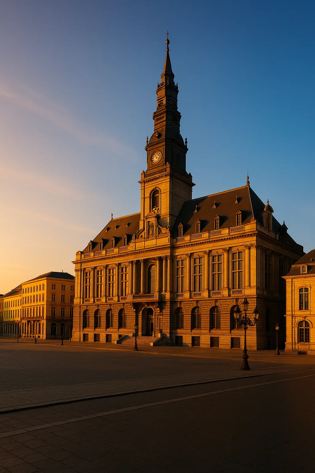 Private transfer to Mons Belgium historic city hall at sunrise HubTransfers