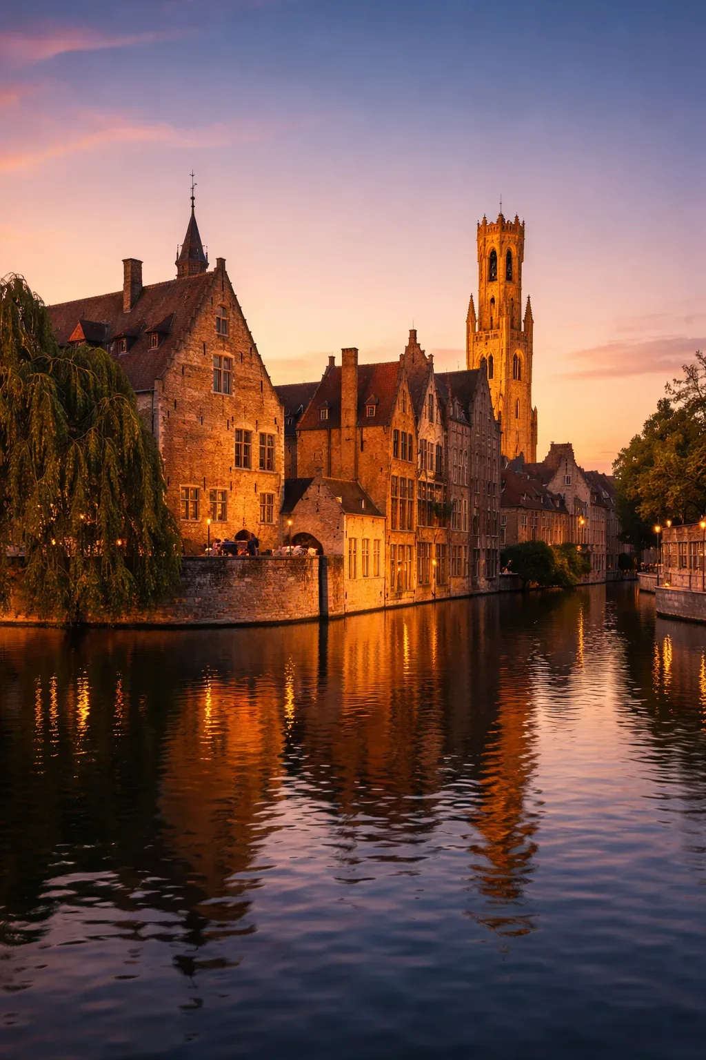 Amsterdam 1 Private transfer to Bruges Belgium Rozenhoedkaai canal and Belfry tower at sunset HubTransfers